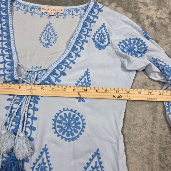 Pranella Aggie Dress Womens Small Blue Embroidered Fringe Boho Beach Cover Up - Picture 9 of 10